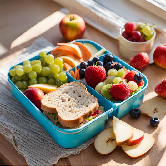 A colorful, well-packed kids' lunchbox with vegetables, fruit and a balanced meal